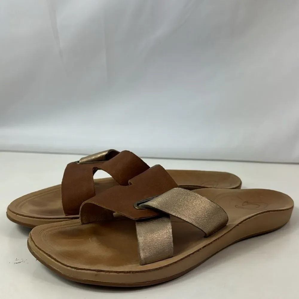 OLUKAI Nonohe Olu Golden Brown Leather Slide Women’s Sandals